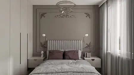 Wnętrze sypialni w stylu glamour z szarymi i beżowymi elementami