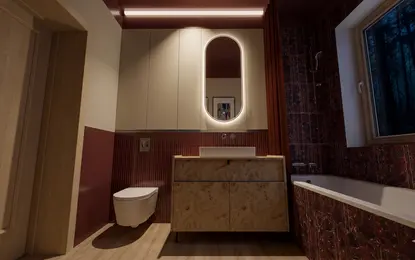 Nowoczesna łazienka w stylu art deco i vintage z drewnianymi meblami.
