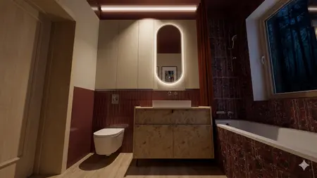 Nowoczesna łazienka w stylu art deco i vintage z drewnianymi meblami.