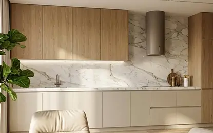 Nowoczesna kuchnia w stylu minimalistycznym z drewnianymi meblami i marmurowymi akcentami.