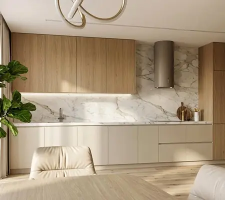 Nowoczesna kuchnia w stylu minimalistycznym z drewnianymi meblami i marmurowymi akcentami.