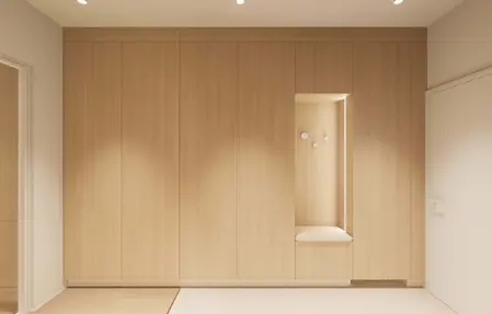 Przedpokój w stylu japandi z minimalistycznym umeblowaniem i nowoczesnymi detalami.