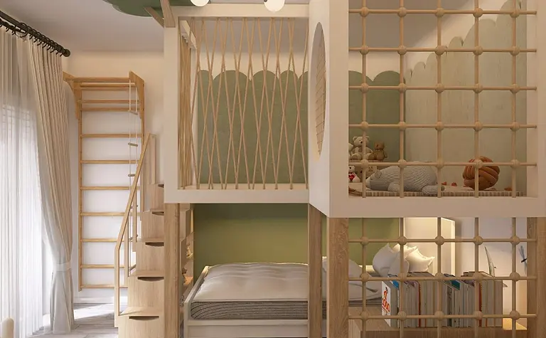 Pokój dziecięcy w stylu boho i współczesnym z piętrowym łóżkiem i drewnianymi akcentami.