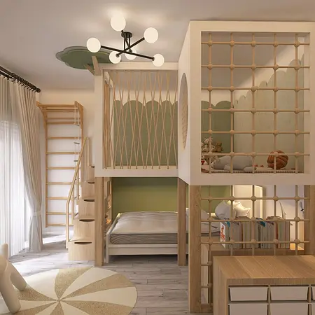 Pokój dziecięcy w stylu boho i współczesnym z piętrowym łóżkiem i drewnianymi akcentami.