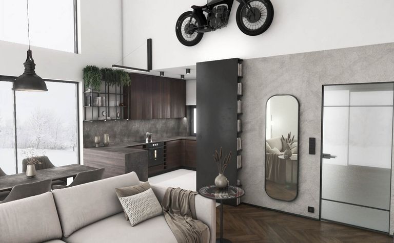 Wnętrze z industrialnym i minimalistycznym stylem, szaro-brązowa kuchnia, duże okna.