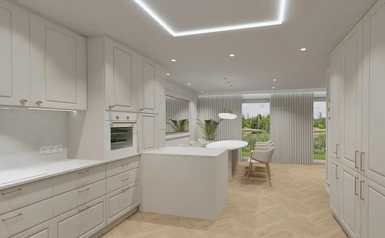 Wnętrze kuchni z jasnymi meblami, drewnianą podłogą, akcentami glamour i nowoczesnymi detalami.