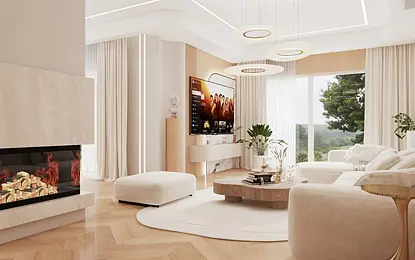 Wnętrze salonu w stylu japandi z nowoczesnym designem, soft minimalizmem i quiet luxury.