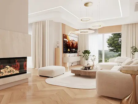 Wnętrze salonu w stylu japandi z nowoczesnym designem, soft minimalizmem i quiet luxury.