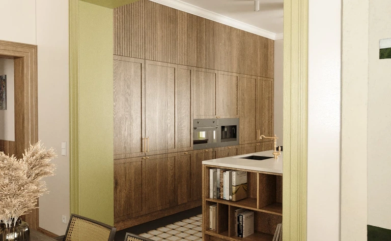 Wnętrze kuchni z drewnianymi meblami, akcentami w kolorze zielonym, styl dopamine decor, vintage i współczesny.