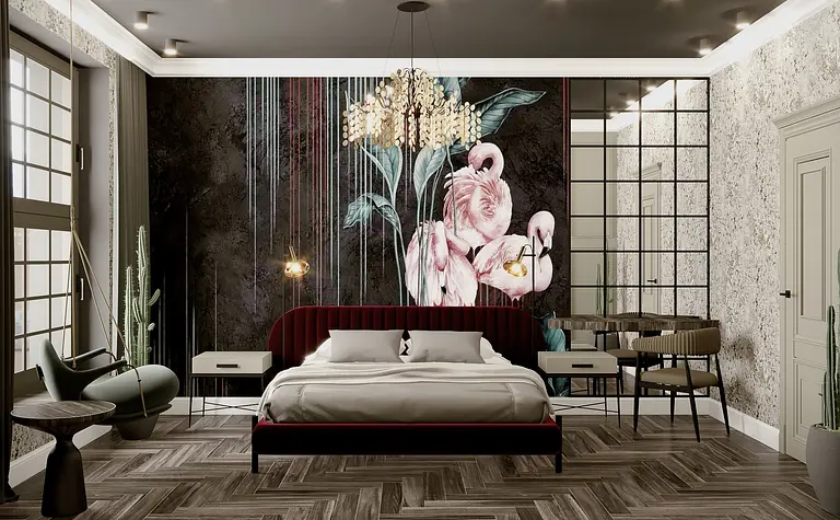 Sypialnia z różowym muralem, nowoczesnym łóżkiem i drewnianą podłogą w stylu art deco.