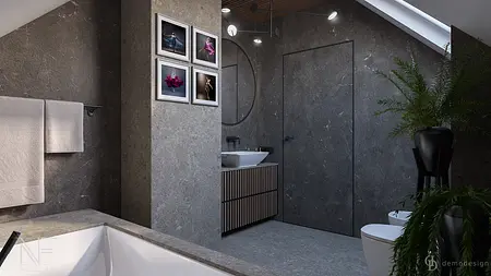 Nowoczesna łazienka z szarymi ścianami, minimalistycznymi detalami i roślinnością.