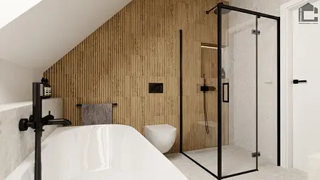 Nowoczesna łazienka z wanną, prysznicem i drewnianymi akcentami, minimalistyczny design.