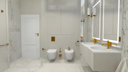 Elegancka łazienka z białymi meblami, złotymi detalami i marmurowymi płytkami.