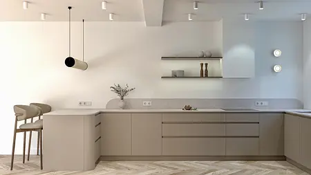 Nowoczesna kuchnia w stylu japandi z minimalistycznymi meblami, beżowymi i białymi akcentami.