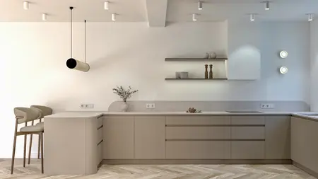 Nowoczesna kuchnia w stylu japandi z minimalistycznymi meblami, beżowymi i białymi akcentami.