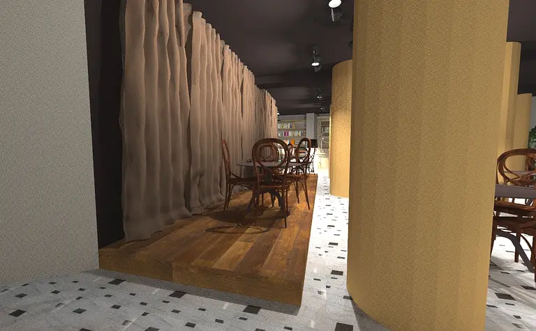 Wnętrze eklektycznej jadalni z drewnianym stołem i brązowymi krzesłami.