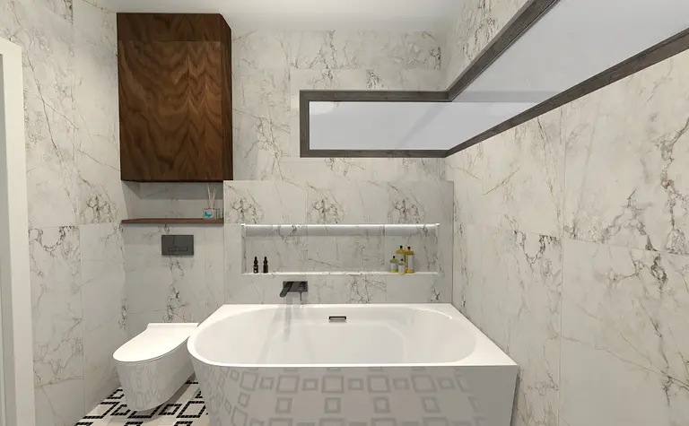 Współczesna łazienka z dużą wanną, drewnianą szafką i marmurowymi płytkami.