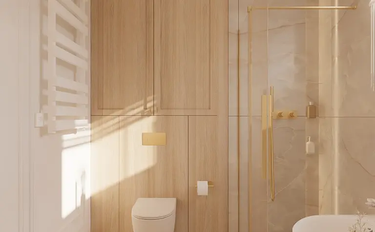 Nowoczesna łazienka z drewnianymi meblami i złotymi akcentami w stylu quiet luxury.
