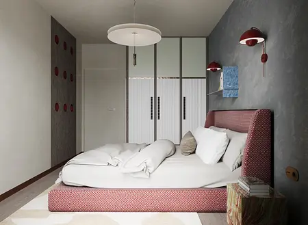 Sypialnia w stylu art deco z nowoczesnym oświetleniem i vintage akcentami.