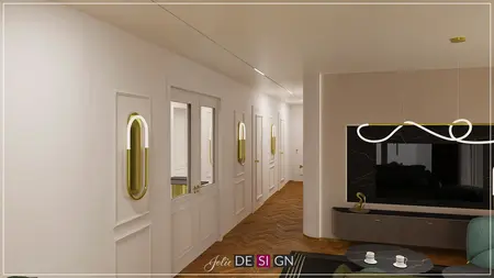 Korytarz w stylu art deco z jasnymi ścianami i drewnianą podłogą.