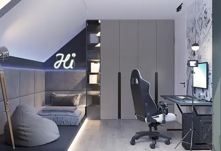 Wnętrze poddasza z szarym biurkiem, akcentami boho i skandynawskimi.