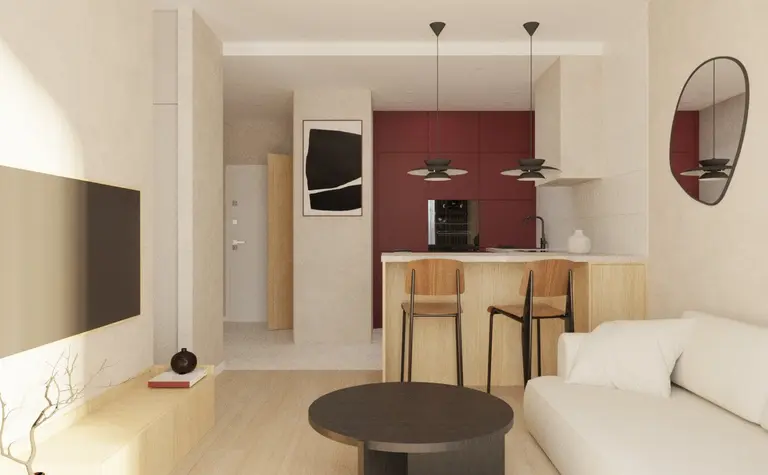 Wnętrze kuchni w stylu japandi, minimalistycznym i współczesnym z drewnianymi detalami.