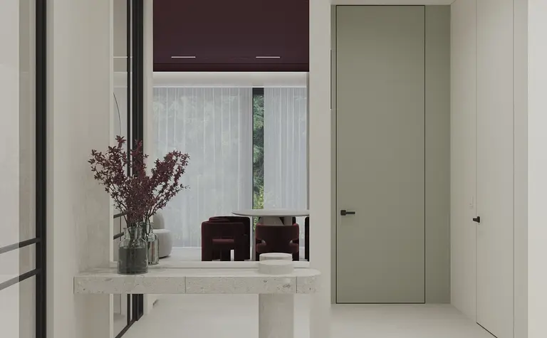 Przedpokój w stylu art deco, minimalistycznym i quiet luxury z białymi ścianami.