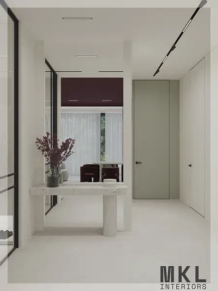 Przedpokój w stylu art deco, minimalistycznym i quiet luxury z białymi ścianami.