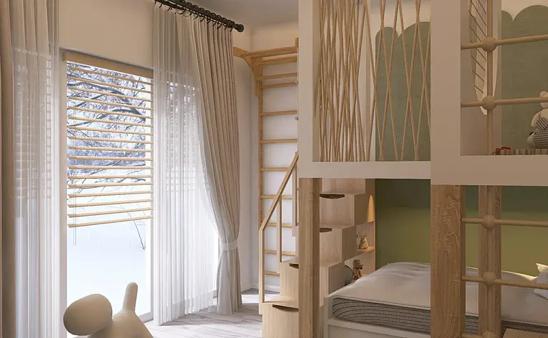 Pokój dziecięcy w stylu boho i współczesnym z drewnianymi elementami.