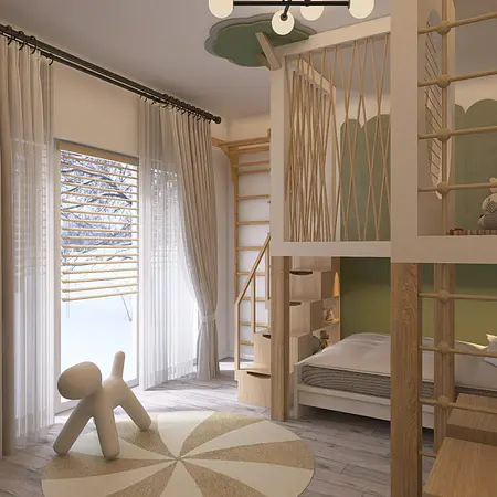 Pokój dziecięcy w stylu boho i współczesnym z drewnianymi elementami.