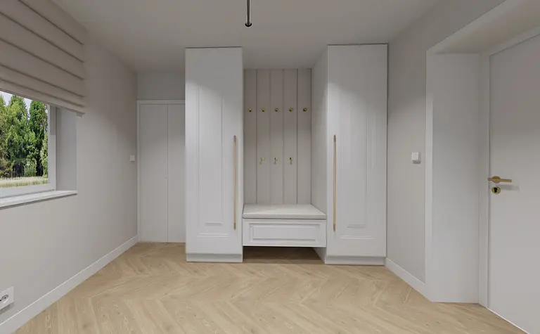 Garderoba z białymi meblami, drewnianą podłogą, nowoczesna i funkcjonalna