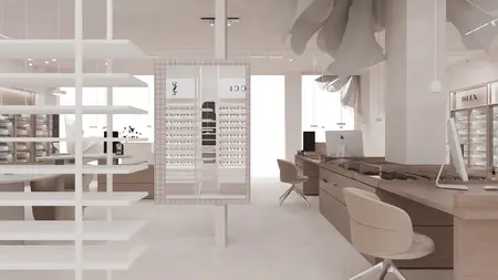 Wnętrze minimalistycznego sklepu z białymi regałami i drewnianymi akcentami w stylu japandi.