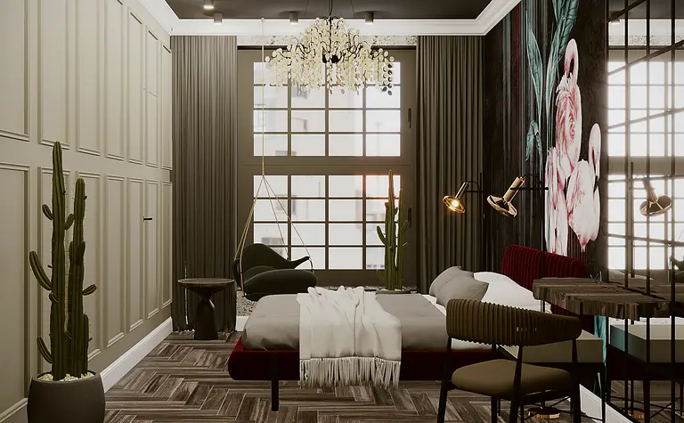 Sypialnia w stylu art deco i nowoczesnym z czerwoną tapicerką i roślinami