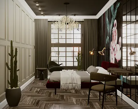 Sypialnia w stylu art deco i nowoczesnym z czerwoną tapicerką i roślinami
