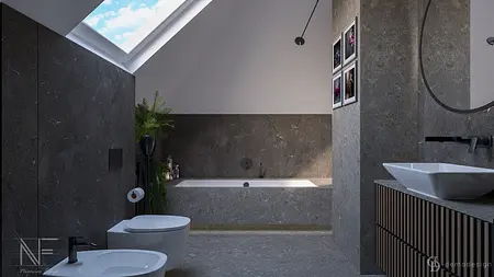 Nowoczesna łazienka z wanną, szarymi i czarnymi akcentami, minimalistyczny design.