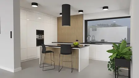 Kuchnia w stylu industrialnym z białymi meblami i drewnianymi detalami.