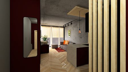 Wnętrze industrialne z minimalistycznym wystrojem, szare ściany, drewniane akcenty.