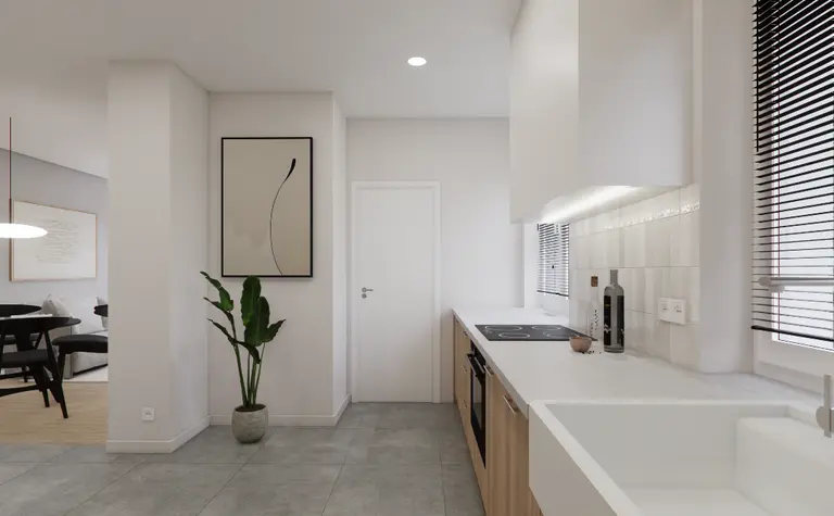 Nowoczesna kuchnia z minimalistycznym designem, drewniane meble, szare płytki.