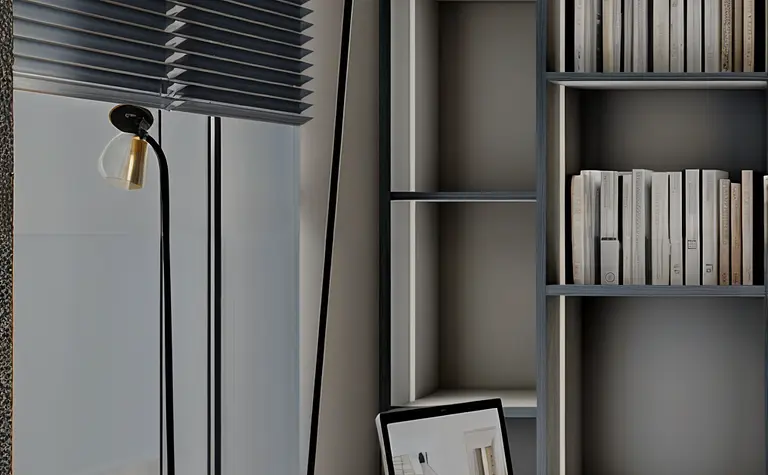 Wnętrze gabinetu w stylu minimalistycznym z biurkiem, lampą i półkami