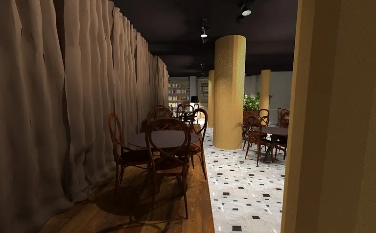 Wnętrze kawiarni z brązowymi meblami i eklektycznym stylem.