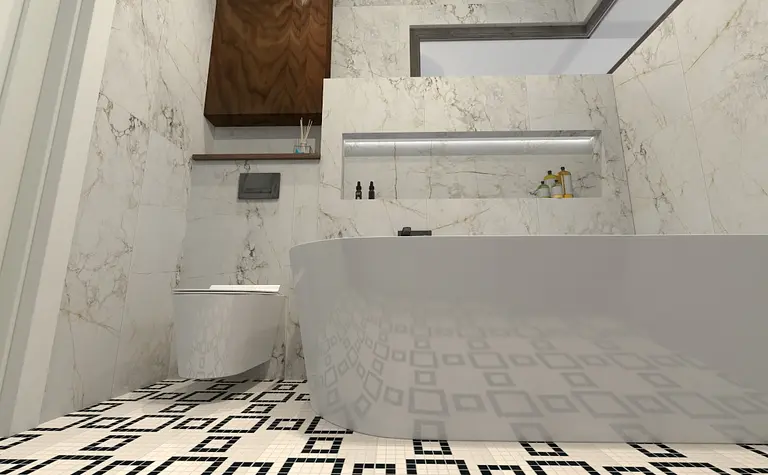 Nowoczesna łazienka z białą wanną i drewnianymi elementami, płytki w geometryczny wzór.