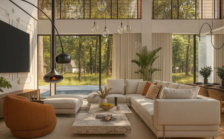 Wnętrze salonu w stylu art deco, eklektycznym, minimalistycznym i współczesnym