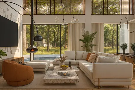 Wnętrze salonu w stylu art deco, eklektycznym, minimalistycznym i współczesnym
