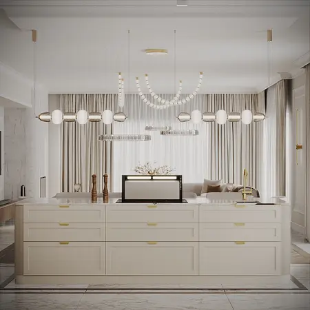 Kuchnia w stylu quiet luxury z jasnymi meblami i eleganckim oświetleniem.