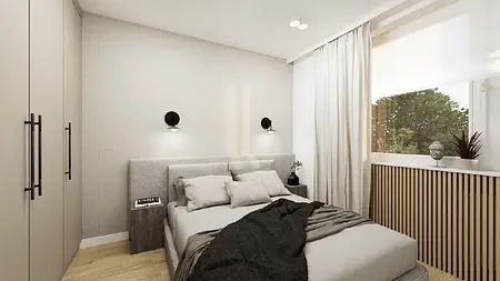 Sypialnia w stylu japandi i minimalistycznym z szarymi ścianami, drewnianymi meblami.