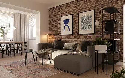 Wnętrze salonu w stylu eklektycznym z ceglaną ścianą i nowoczesnymi meblami.