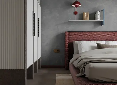 Sypialnia z szarymi ścianami, czerwonym łóżkiem i białymi meblami w stylu art deco, nowoczesnym i vintage.