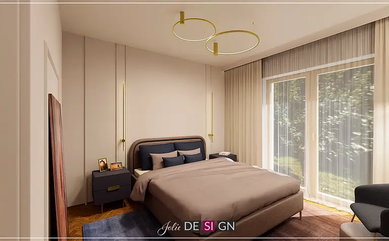 Sypialnia w stylu art deco z jasnym łóżkiem i dużymi oknami.