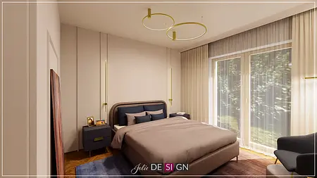 Sypialnia w stylu art deco z jasnym łóżkiem i dużymi oknami.