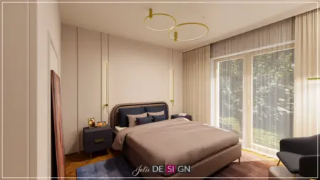 Sypialnia w stylu art deco z jasnym łóżkiem i dużymi oknami.